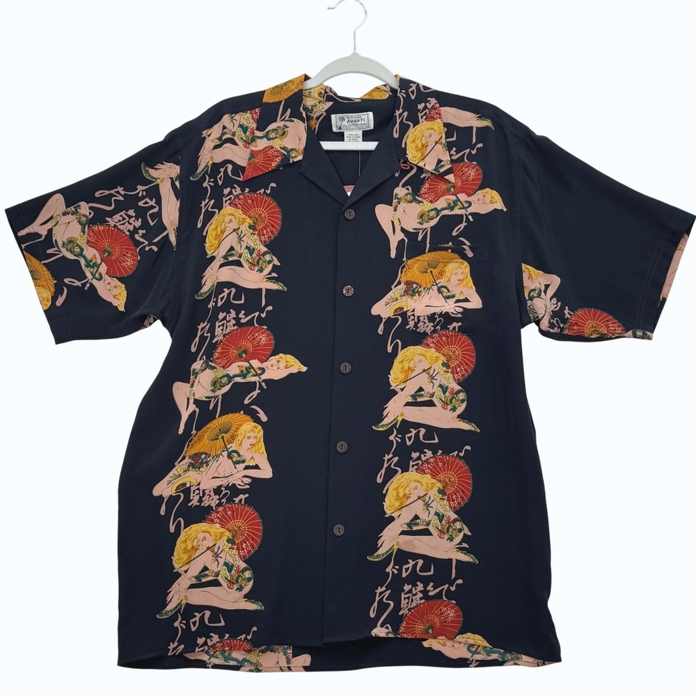 Vintage Avanti Silk Hawaiian Shirt Mens LRG Navy Pin Up Girl Tattoo Dragon NWT